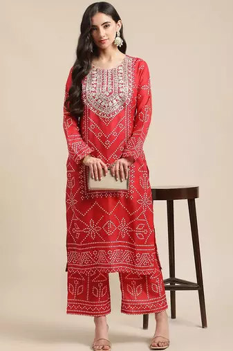 Women Red Bandhani Printed Kurta with Palazzos