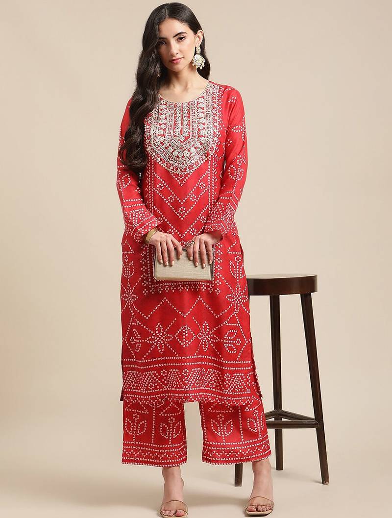 Women Red Bandhani Printed Kurta with Palazzos