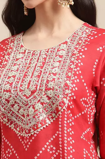Women Red Bandhani Printed Kurta with Palazzos
