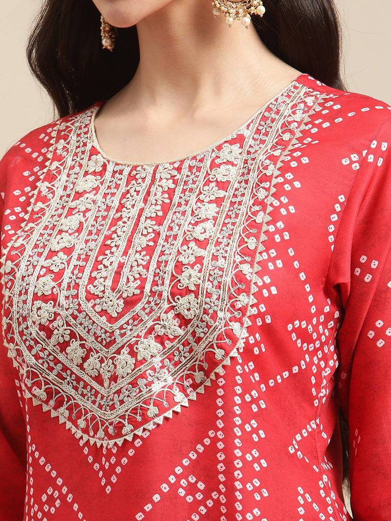 Women Red Bandhani Printed Kurta with Palazzos