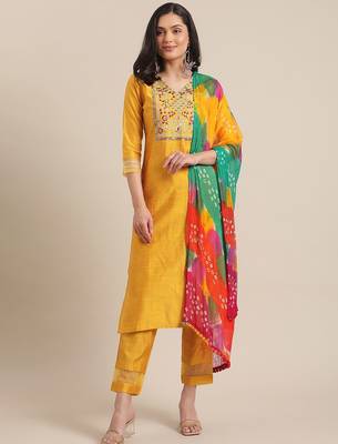 Women Mustard Yellow Floral Embroidered Empire Thread Work Kurta with Trousers & With Dupatta 1