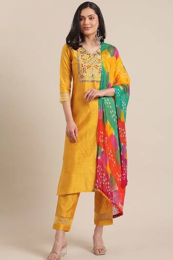 Women Mustard Yellow Floral Embroidered Empire Thread Work Kurta with Trousers & With Dupatta