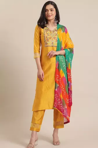Women Mustard Yellow Floral Embroidered Empire Thread Work Kurta with Trousers & With Dupatta