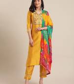 Women Mustard Yellow Floral Embroidered Empire Thread Work Kurta with Trousers & With Dupatta