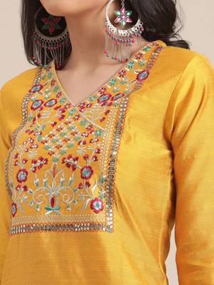 Women Mustard Yellow Floral Embroidered Empire Thread Work Kurta with Trousers & With Dupatta 2