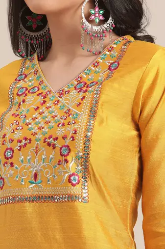 Women Mustard Yellow Floral Embroidered Empire Thread Work Kurta with Trousers & With Dupatta