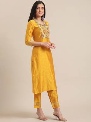 Women Mustard Yellow Floral Embroidered Empire Thread Work Kurta with Trousers & With Dupatta 5
