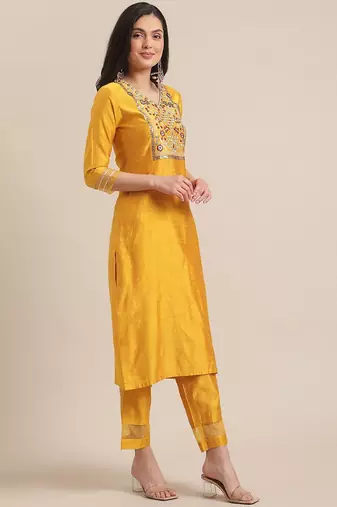 Women Mustard Yellow Floral Embroidered Empire Thread Work Kurta with Trousers & With Dupatta