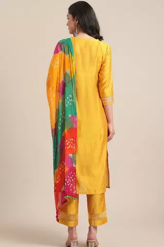 Women Mustard Yellow Floral Embroidered Empire Thread Work Kurta with Trousers & With Dupatta