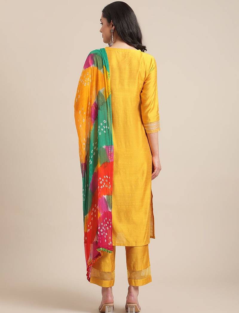 Women Mustard Yellow Floral Embroidered Empire Thread Work Kurta with Trousers & With Dupatta