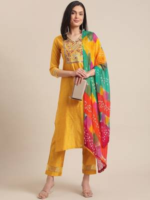 Women Mustard Yellow Floral Embroidered Empire Thread Work Kurta with Trousers & With Dupatta 7
