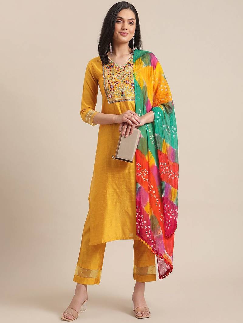 Women Mustard Yellow Floral Embroidered Empire Thread Work Kurta with Trousers & With Dupatta
