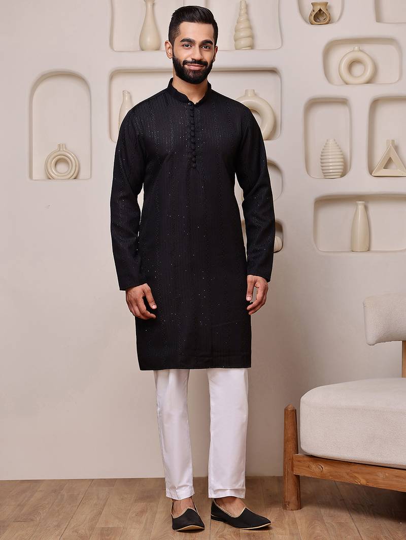 Black color smart and ethnic cotton blend designer kurta payjama