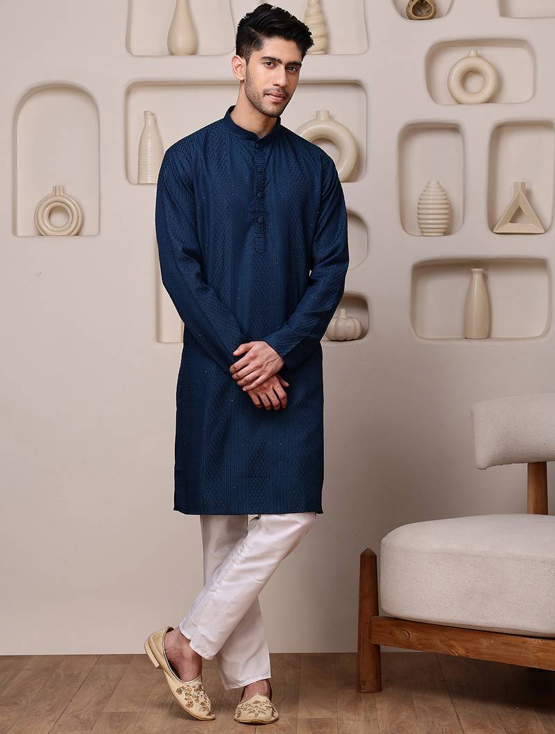 Blue color smart and ethnic cotton blend designer kurta payjama
