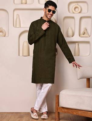Mahendi color smart and ethnic cotton blend designer kurta payjama 1