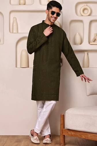 Mahendi color smart and ethnic cotton blend designer kurta payjama
