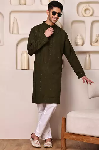 Mahendi color smart and ethnic cotton blend designer kurta payjama
