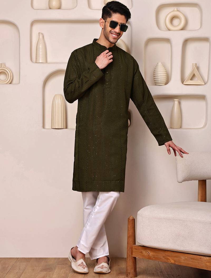 Mahendi color smart and ethnic cotton blend designer kurta payjama