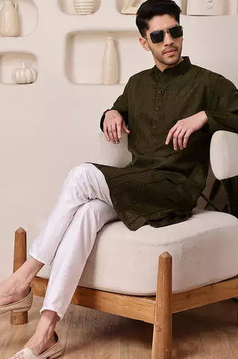 Mahendi color smart and ethnic cotton blend designer kurta payjama