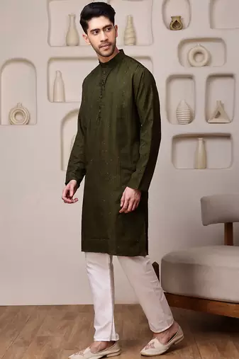 Mahendi color smart and ethnic cotton blend designer kurta payjama