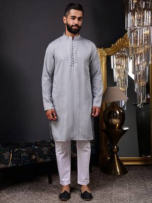 Grey color smart and ethnic cotton blend designer kurta payjama 1