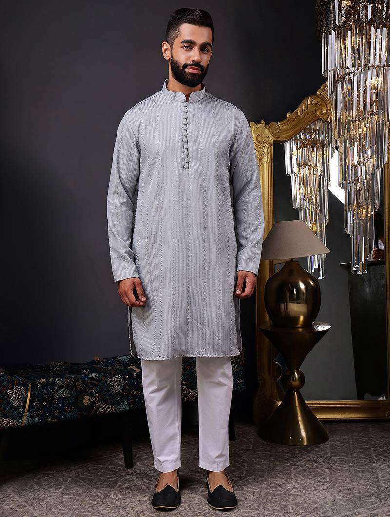 Grey color smart and ethnic cotton blend designer kurta payjama
