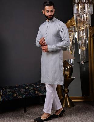 Grey color smart and ethnic cotton blend designer kurta payjama 4