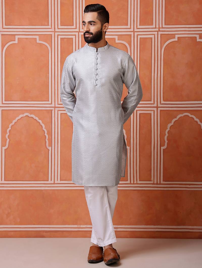 Grey color smart and ethnic cotton blend designer kurta payjama