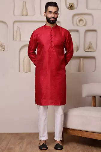 Red color smart and ethnic cotton blend designer kurta payjama
