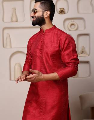 Red color smart and ethnic cotton blend designer kurta payjama 3