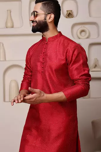 Red color smart and ethnic cotton blend designer kurta payjama