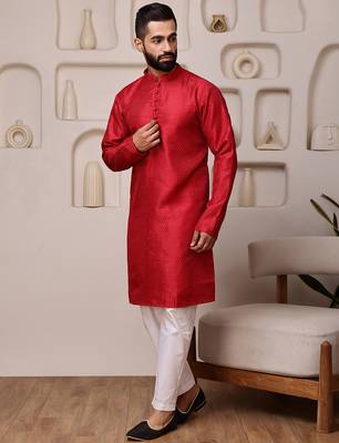Red color smart and ethnic cotton blend designer kurta payjama 4