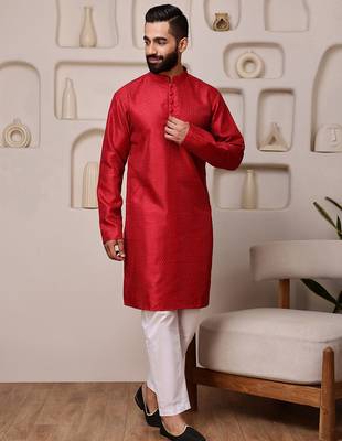 Red color smart and ethnic cotton blend designer kurta payjama 5
