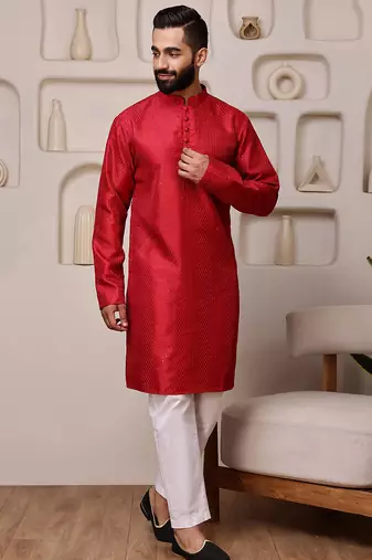 Red color smart and ethnic cotton blend designer kurta payjama