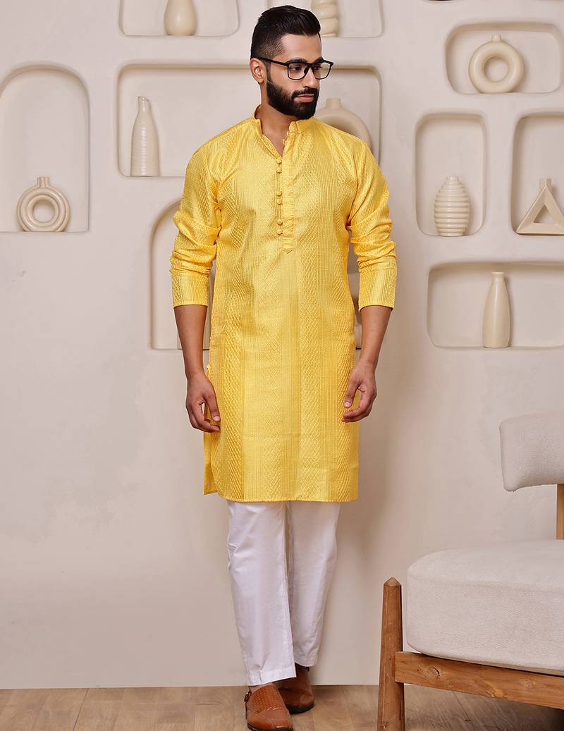 Yellow color smart and ethnic cotton blend designer kurta payjama