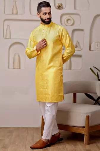 Yellow color smart and ethnic cotton blend designer kurta payjama