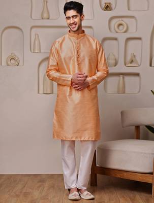 Orange color graceful ethnic kurta payjama for men's festive looks 1