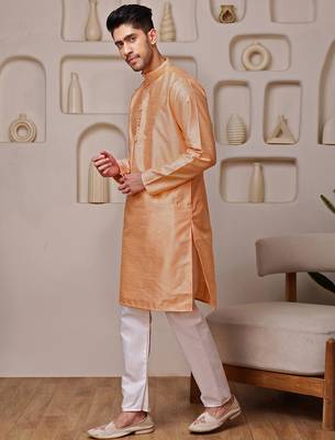 Orange color graceful ethnic kurta payjama for men's festive looks 4
