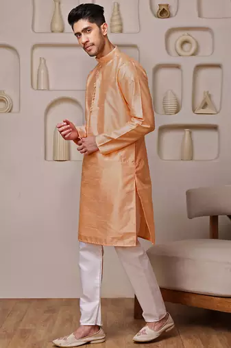 Orange color graceful ethnic kurta payjama for men's festive looks