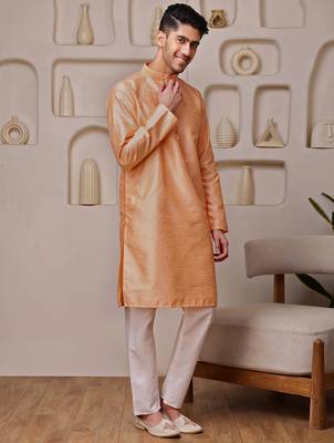 Orange color graceful ethnic kurta payjama for men's festive looks 5