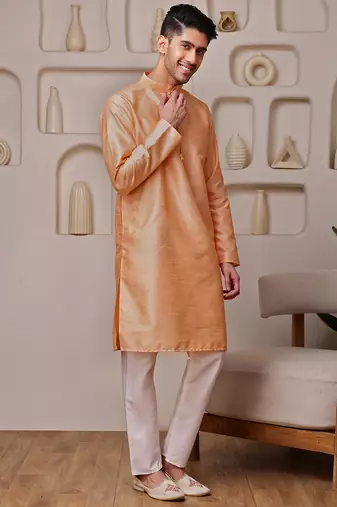 Orange color graceful ethnic kurta payjama for men's festive looks