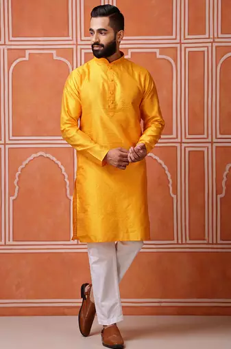 Yellow color graceful ethnic kurta payjama for men's festive looks