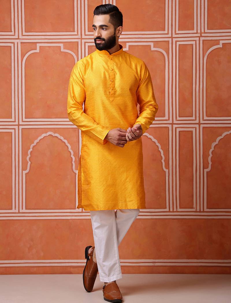 Yellow color graceful ethnic kurta payjama for men's festive looks