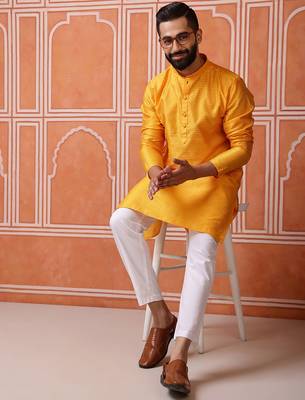 Yellow color graceful ethnic kurta payjama for men's festive looks 3