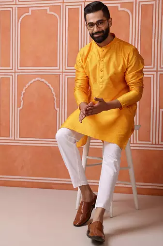 Yellow color graceful ethnic kurta payjama for men's festive looks