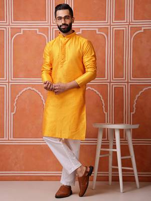 Yellow color graceful ethnic kurta payjama for men's festive looks 4
