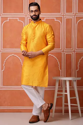 Yellow color graceful ethnic kurta payjama for men's festive looks