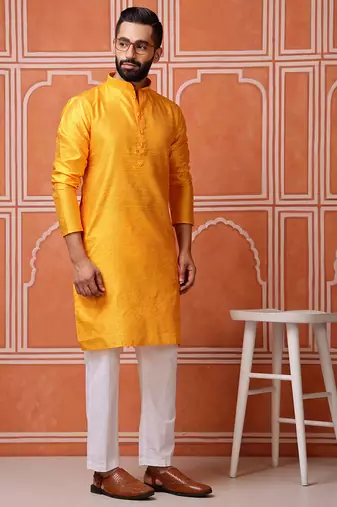 Yellow color graceful ethnic kurta payjama for men's festive looks