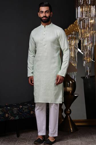 Mint green color graceful ethnic kurta payjama for men's festive looks