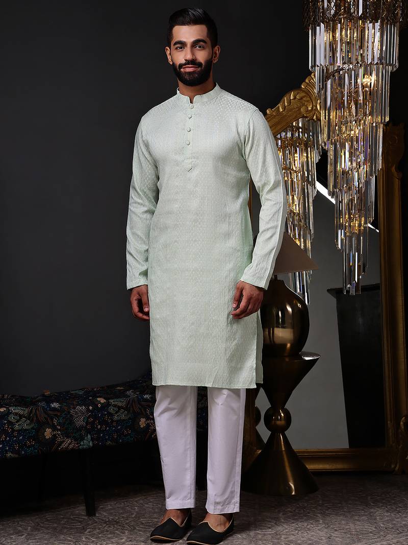 Mint green color graceful ethnic kurta payjama for men's festive looks